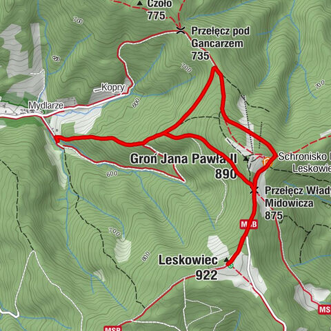 Mydlarze - Schronisko PTTK Leskowiec - Leskowiec - Groń Jana Pawła II