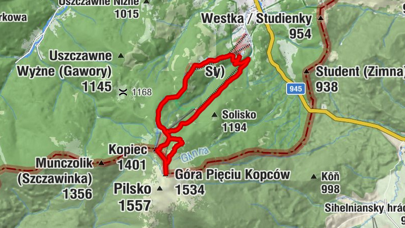 Korbielów - Góra Pięciu Kopców - Kopiec - Mútne